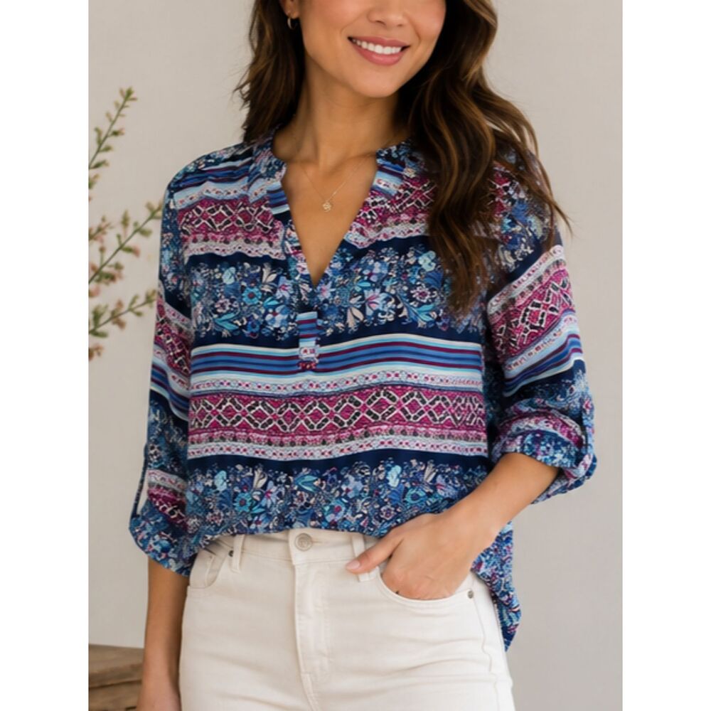 Pink Republic Boho Floral Peasant Blouse Blue Print Roll Tab Sleeve Size Small